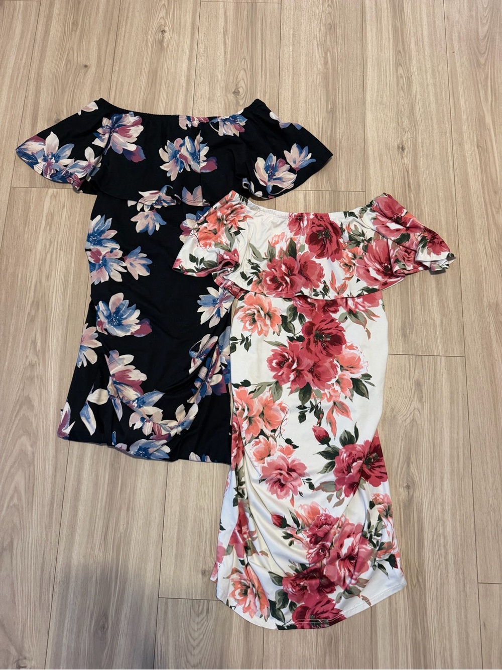 Hello MIZ Off-Shoulder Maternity Dress Duo - Black Floral & White Floral
